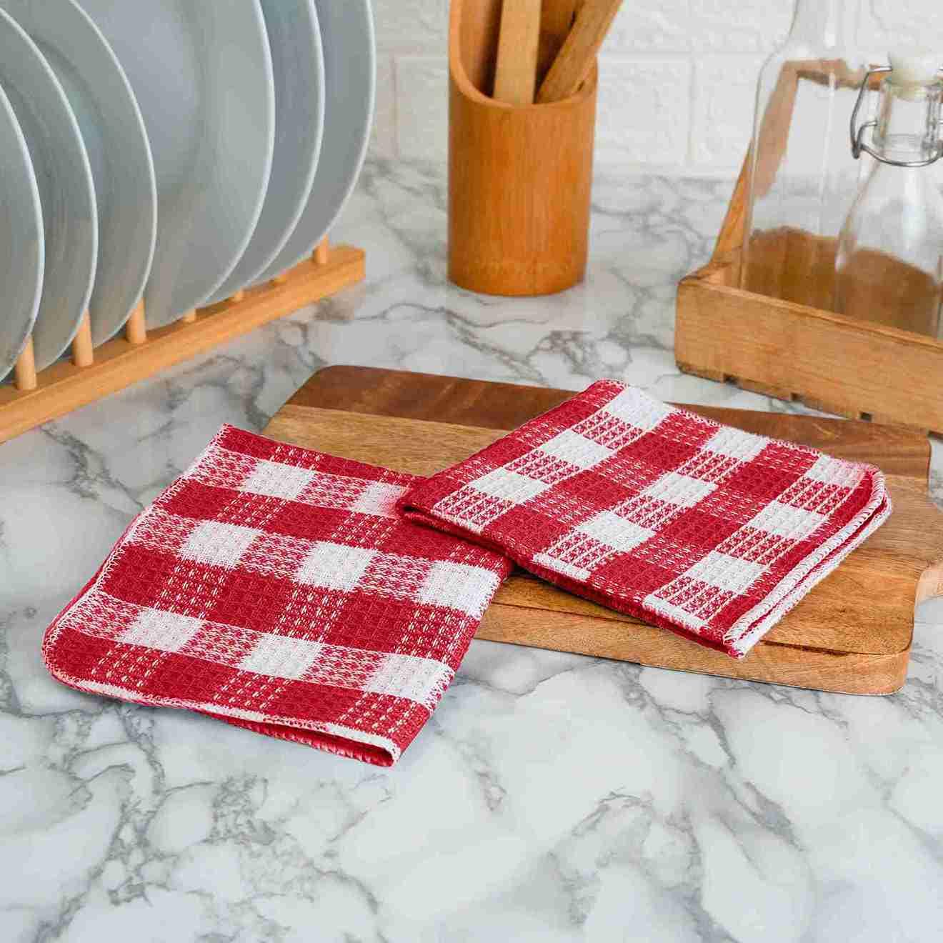 Blue Needles Set of 8 Waffle Weave Check Plaid Dish Cloths, 12x12 Inches 100% Cotton Dish Towels for Kitchen, Ultra Soft & Absorbent Kitchen Towels for Quick Drying Spring Summer - Burgundy & White