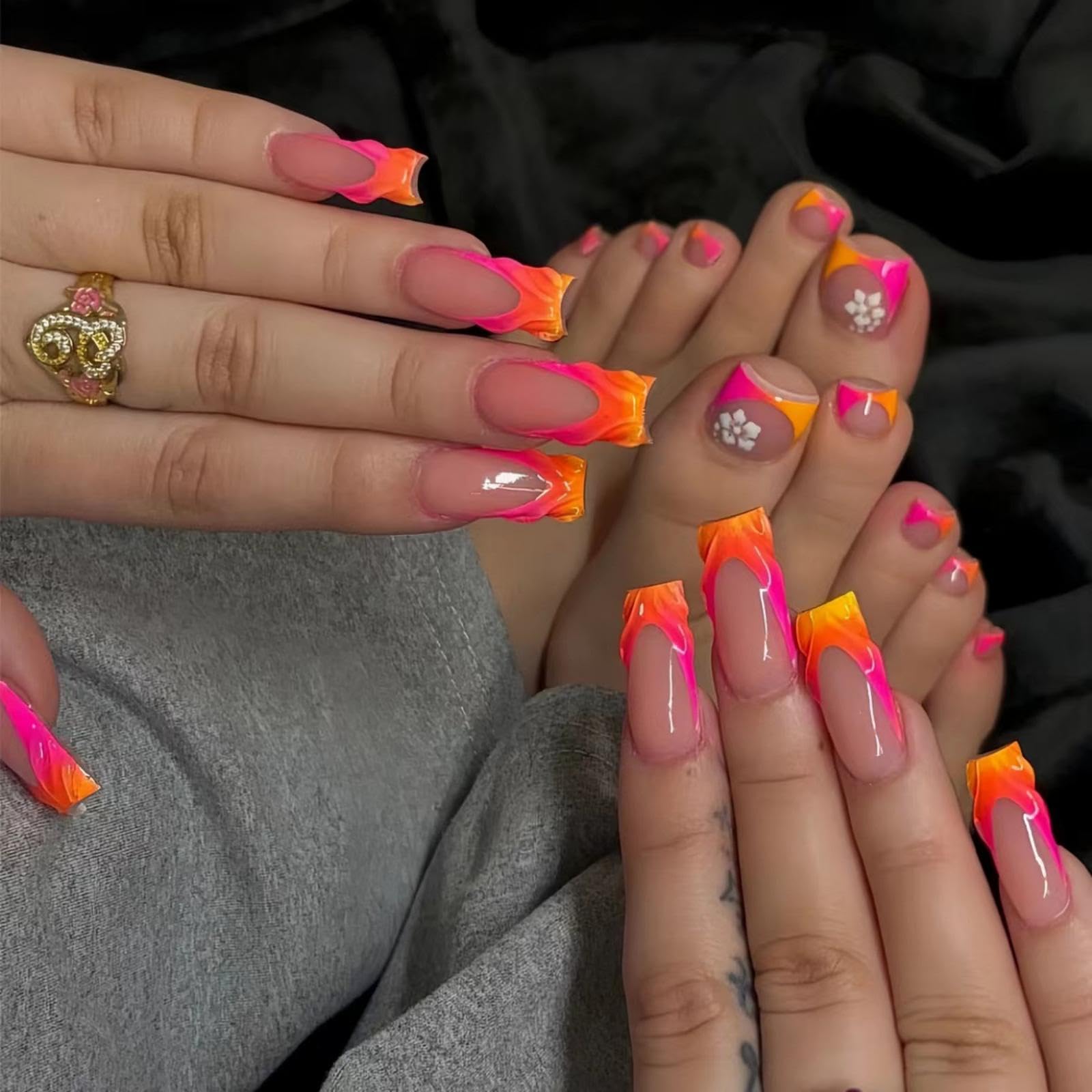 48Pcs Gradient Orange Pink French Tips Press on Toenails Water Ripple Press on Nails Long Square False Nails with Ombre Designs White Flower Fake Toes Glossy Summer Nails for Women Girls DIY Manicure
