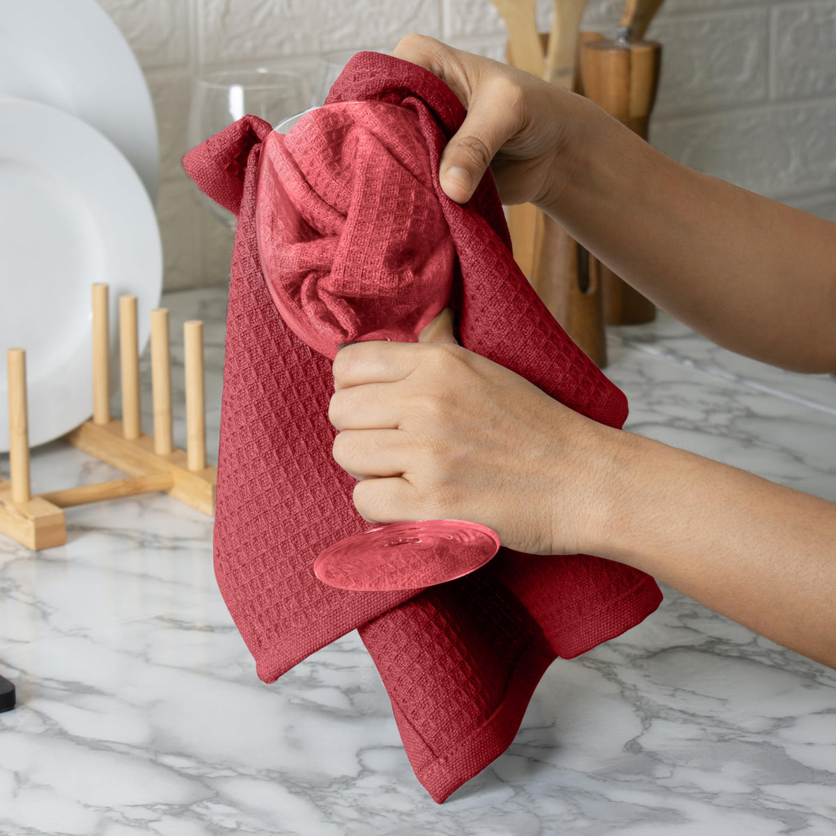 Blue Needles Waffle Weave Kitchen Towels, 15x25 Inches 100% Cotton Set of 4 Dish Towels for Kitchen, Ultra Soft & Absorbent with Hanging Loop, Spring Summer Dish Rags for Quick Drying - Burgundy - SkinNails&Makeup
