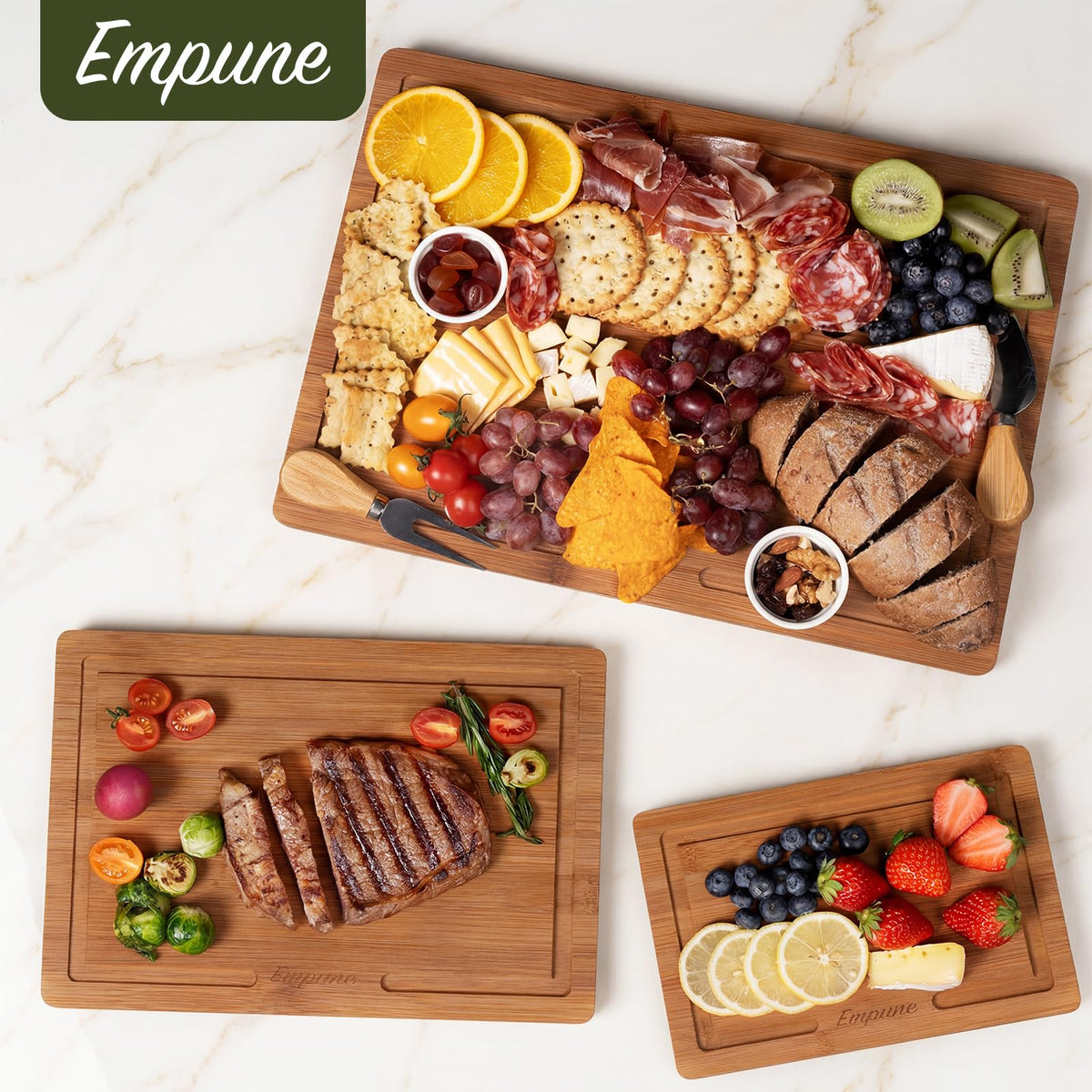 Empune Bamboo Cutting Boards for Kitchen, 3 Piece Extra Thick Cutting Board Set with Juice Groove, Deep Carbonized Bamboo Chopping Board, Reversible Wood Cutting Board for charcuterie boards, Brown - SkinNails&Makeup