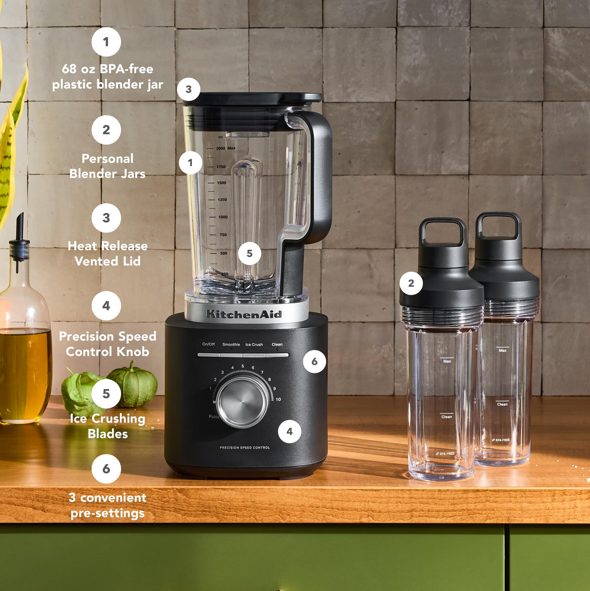 KitchenAid Pure Power Blender with 2 Personal Blending Jars, 1700 Watt Peak Power*, KSB2078, Black Matte - SkinNails&Makeup