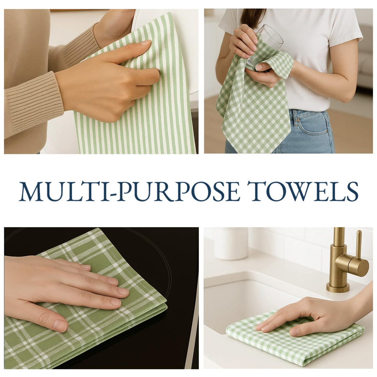 LANE LINEN Cotton Kitchen Towels Set, 4-Pack – Absorbent, Quick-Drying Dish Towels, 18" x 28" - Sage Green - SkinNails&Makeup