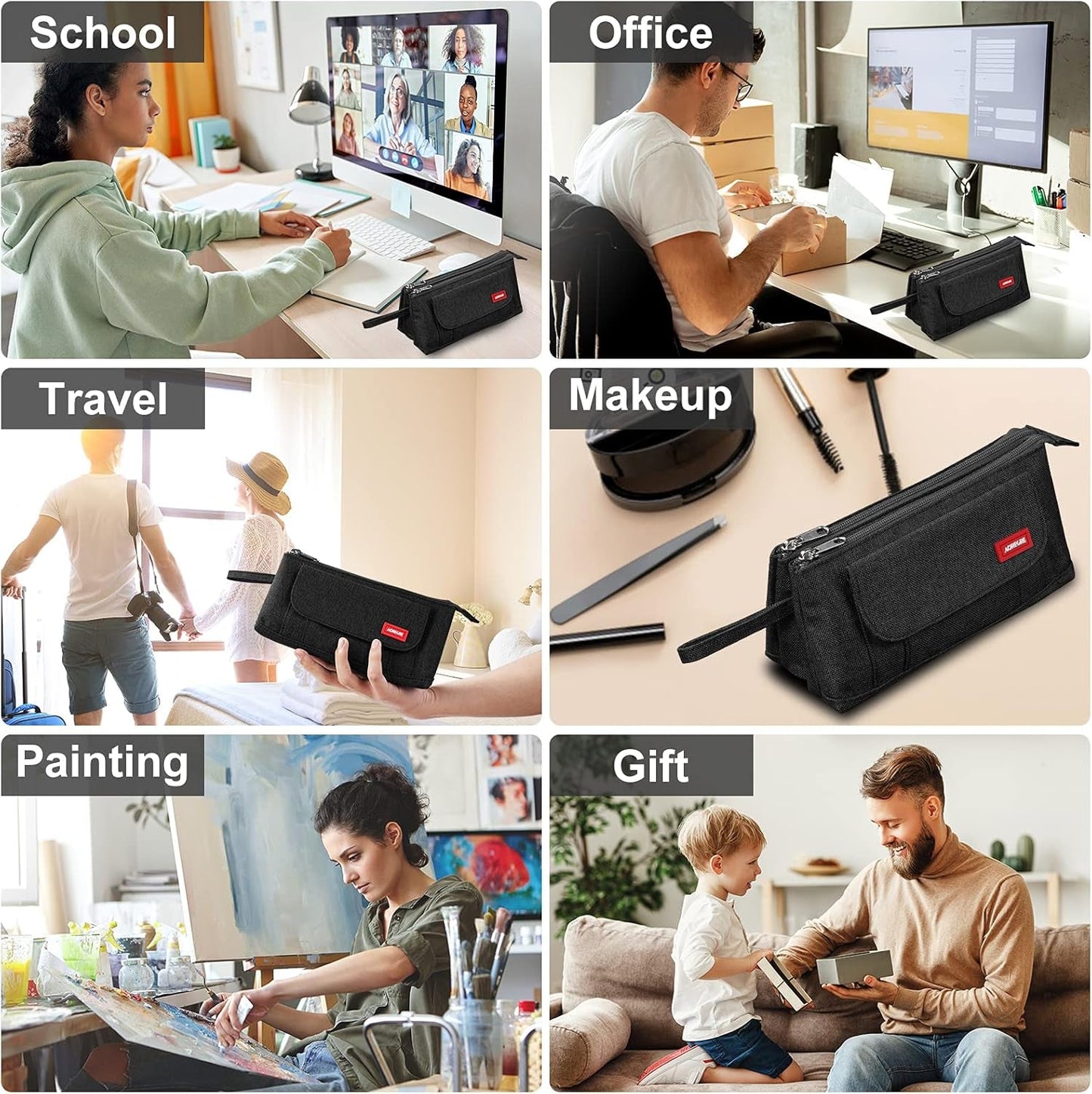 Pencil Case with Two Large Compartment Pockets Large Capacity Pencil Pouch Pencil Pouch Cosmetic Bag School Supplies Office Stationery Storage Gift for Students Girls Boys Adults Teenagers - Black - SkinNails&Makeup