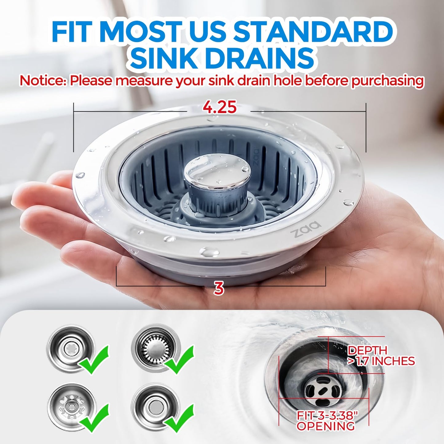 Sink Drain Strainer - Sink Stopper Kitchen Drain, 3 in 1 Kitchen Sink Drain Strainer with Anti - Clogging Basket, Kitchen Gadgets Clearance Sink Accessories, Fit US Standard 3 - 1/2'' Sink Hole, Silver - SkinNails&Makeup
