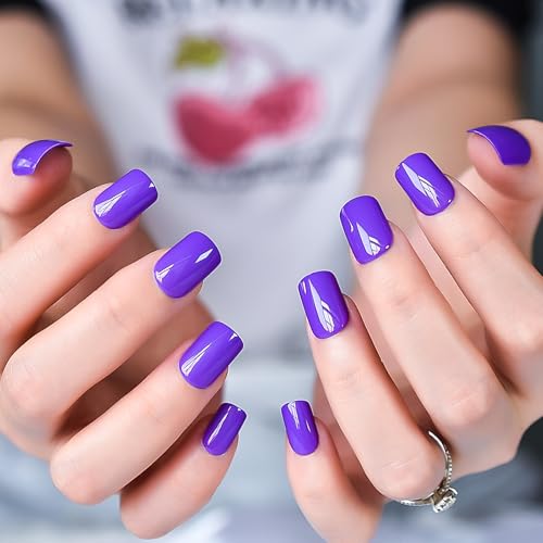 ELEVENAIL Glossy Press on Nails Solid Purple Fake Nails Medium Length Squoval False Nail Art Tips Reusable Acrylic Finger Nails Gifts for Women Girls