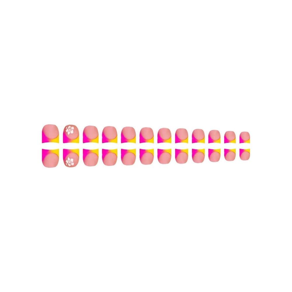 48Pcs Gradient Orange Pink French Tips Press on Toenails Water Ripple Press on Nails Long Square False Nails with Ombre Designs White Flower Fake Toes Glossy Summer Nails for Women Girls DIY Manicure