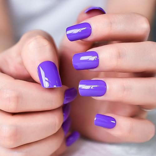 ELEVENAIL Glossy Press on Nails Solid Purple Fake Nails Medium Length Squoval False Nail Art Tips Reusable Acrylic Finger Nails Gifts for Women Girls