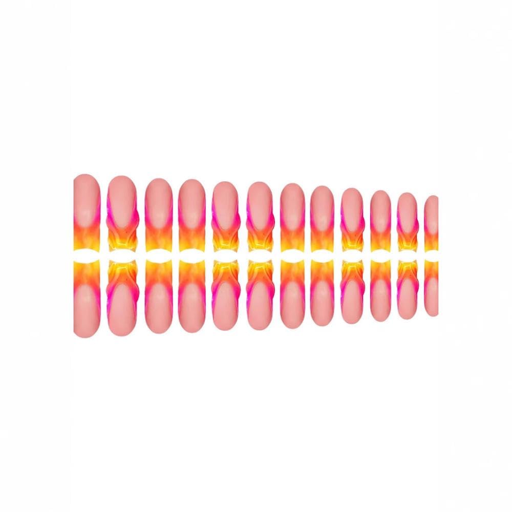 48Pcs Gradient Orange Pink French Tips Press on Toenails Water Ripple Press on Nails Long Square False Nails with Ombre Designs White Flower Fake Toes Glossy Summer Nails for Women Girls DIY Manicure
