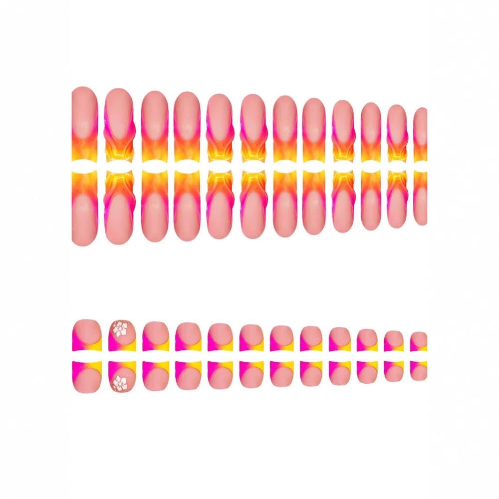48Pcs Gradient Orange Pink French Tips Press on Toenails Water Ripple Press on Nails Long Square False Nails with Ombre Designs White Flower Fake Toes Glossy Summer Nails for Women Girls DIY Manicure