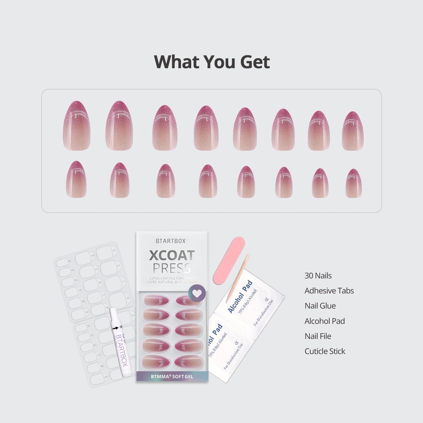 BTArtbox Almond Press On Nails Medium - Lamp-Curable Pink Cat Eye Press On Nails with Glue for Women, Semi-Transparent Soft Gel Glue On Nails in 15 Sizes - 30 Stick On Nails Kit, Rosy Dew