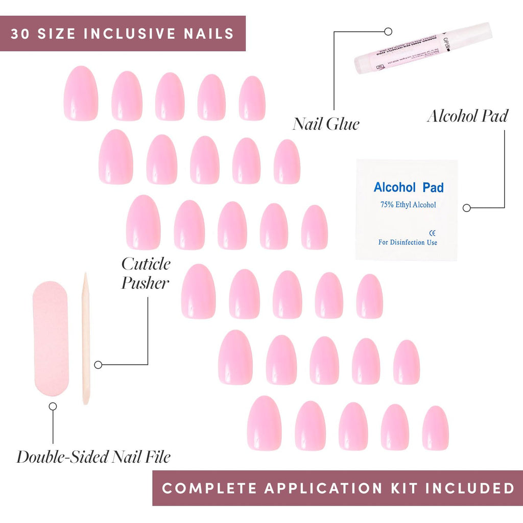 Glamnetic Press On Nails - Think Pink | Solid Opaque Light Pastel Pink Short Oval Nails, Reusable | 15 Sizes - 30 Nail Kit