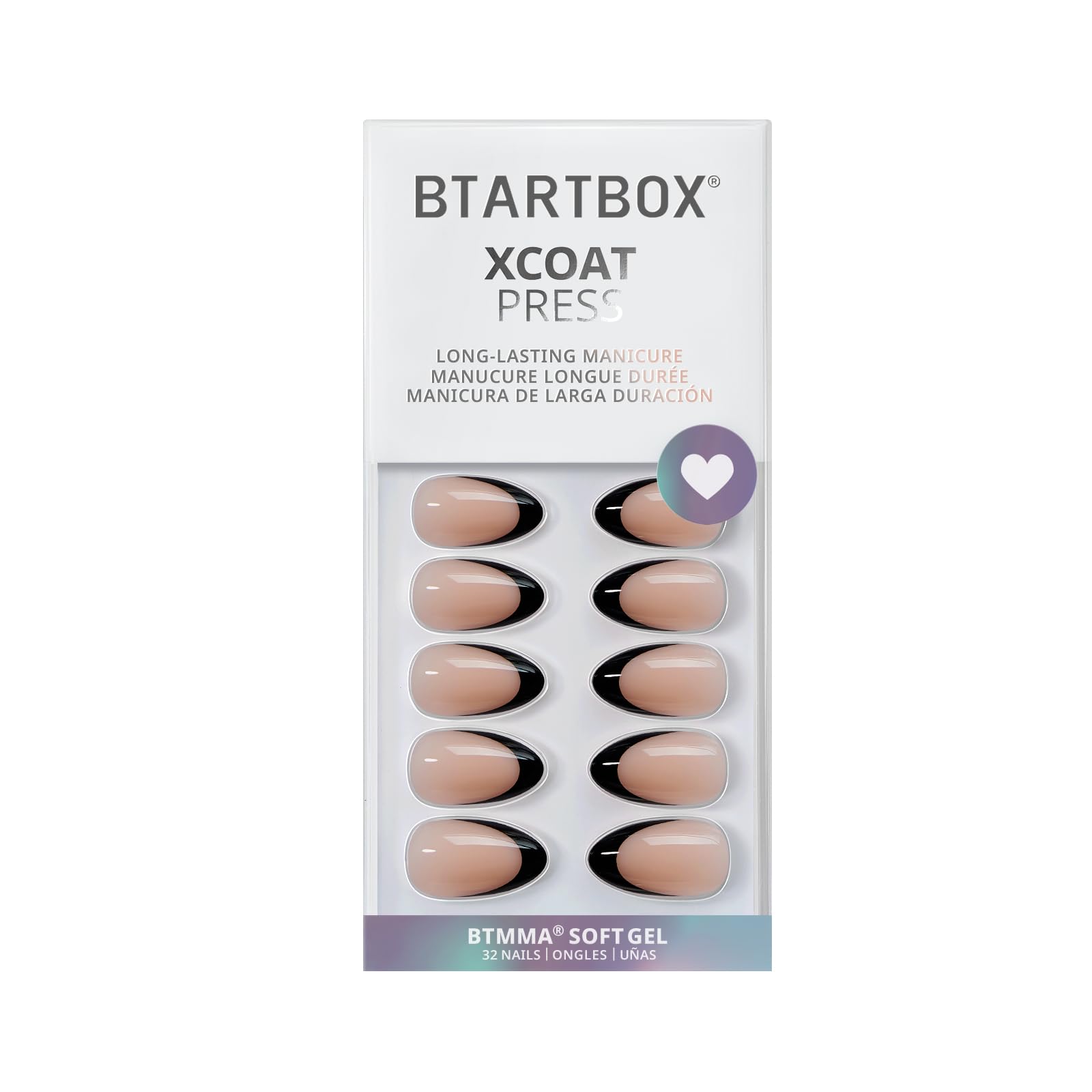 BTArtbox French Tip Press On Nails Almond - Black Press on Nails Short, Glue On Nails for Women Gift, Supremely Fit Natural Reusable Stick On Nails in 16 Sizes - 32 Fake Nails Kit, Black French