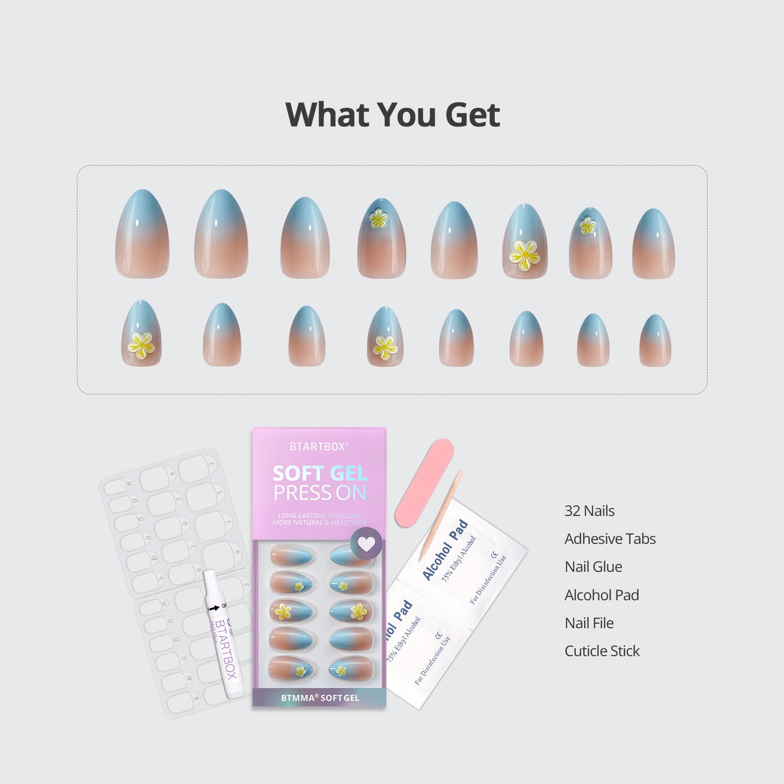 BTArtbox Press On Nails Short Ombre- Flower Almond Press On Nails with Glue for Women, Opaque Soft Gel Glue On Nails in 16 Sizes - 32 Stick On Nails Kit, Garden Party