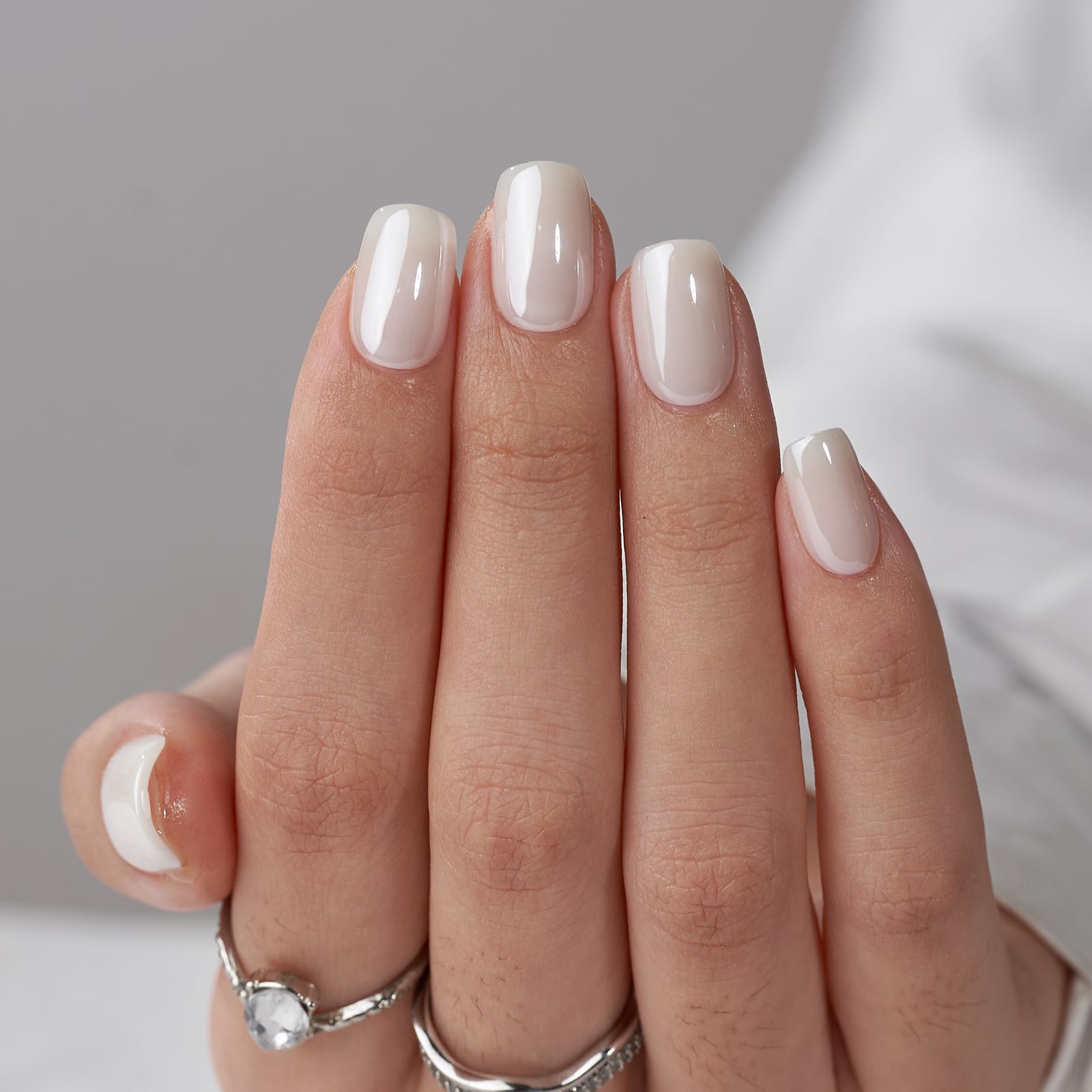 BTArtbox Press On Nails Short - White Soft Gel Press On Nail, Square Chrome Nail Tips Glue On Nails, Reusable Stick On Nails in 15 Sizes - 30 Soft Gel Fake Nails Kit, Vanilla Glazed
