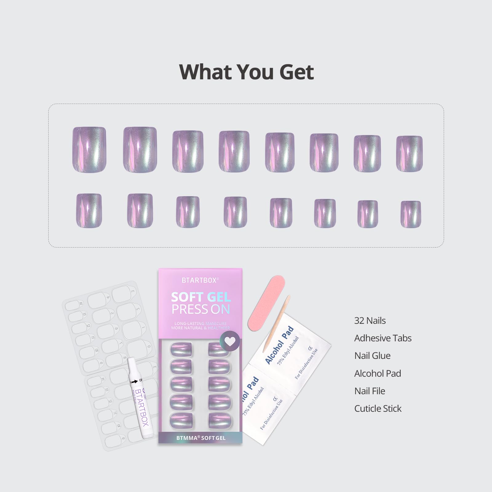 BTArtbox Press On Nails Short - Chrome Cat Eye Square Press On Nails with Glue for Women, Opaque Soft Gel Glue On Nails in 16 Sizes - 32 Stick On Nails Kit, Glass Ocean