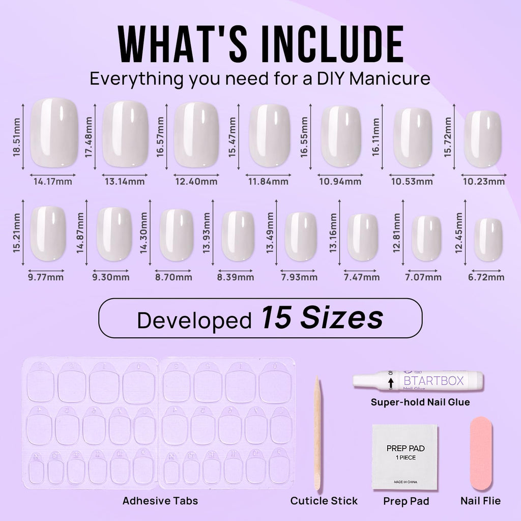 BTArtbox Press On Nails Short - White Soft Gel Press On Nail, Square Chrome Nail Tips Glue On Nails, Reusable Stick On Nails in 15 Sizes - 30 Soft Gel Fake Nails Kit, Vanilla Glazed