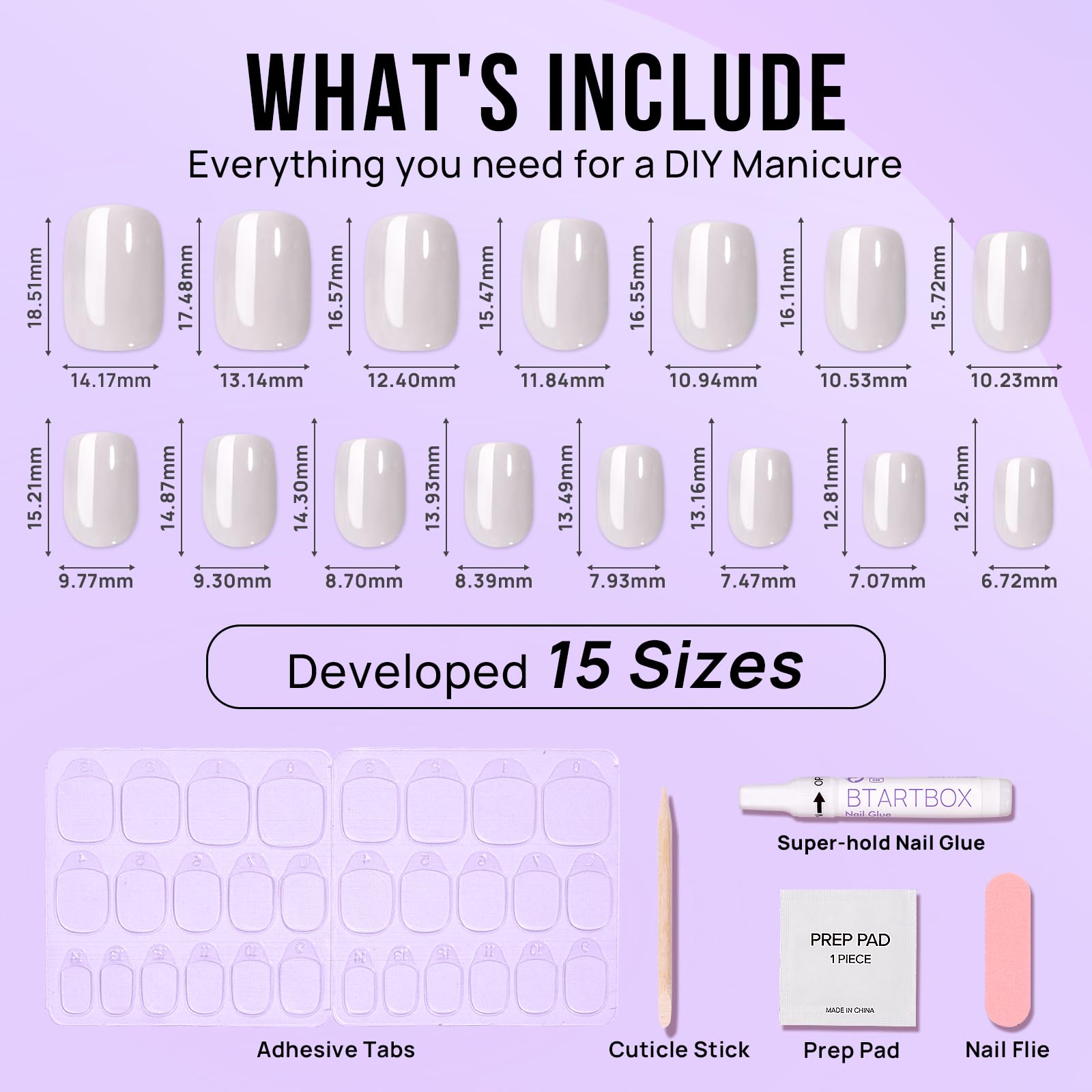 BTArtbox Press On Nails Short - White Soft Gel Press On Nail, Square Chrome Nail Tips Glue On Nails, Reusable Stick On Nails in 15 Sizes - 30 Soft Gel Fake Nails Kit, Vanilla Glazed