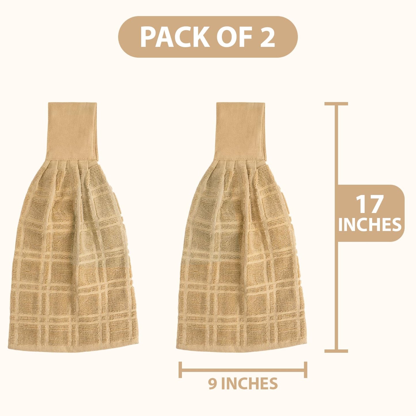 Blue Needles Hanging Kitchen Towels - Beige 100% Cotton Solid Kitchen Tie Towel, Set of 2 Hand Dish Cloth with Hanging Loops 9 x 17 Inches, Absorbent, Super Soft, and Fast Drying Home Essential