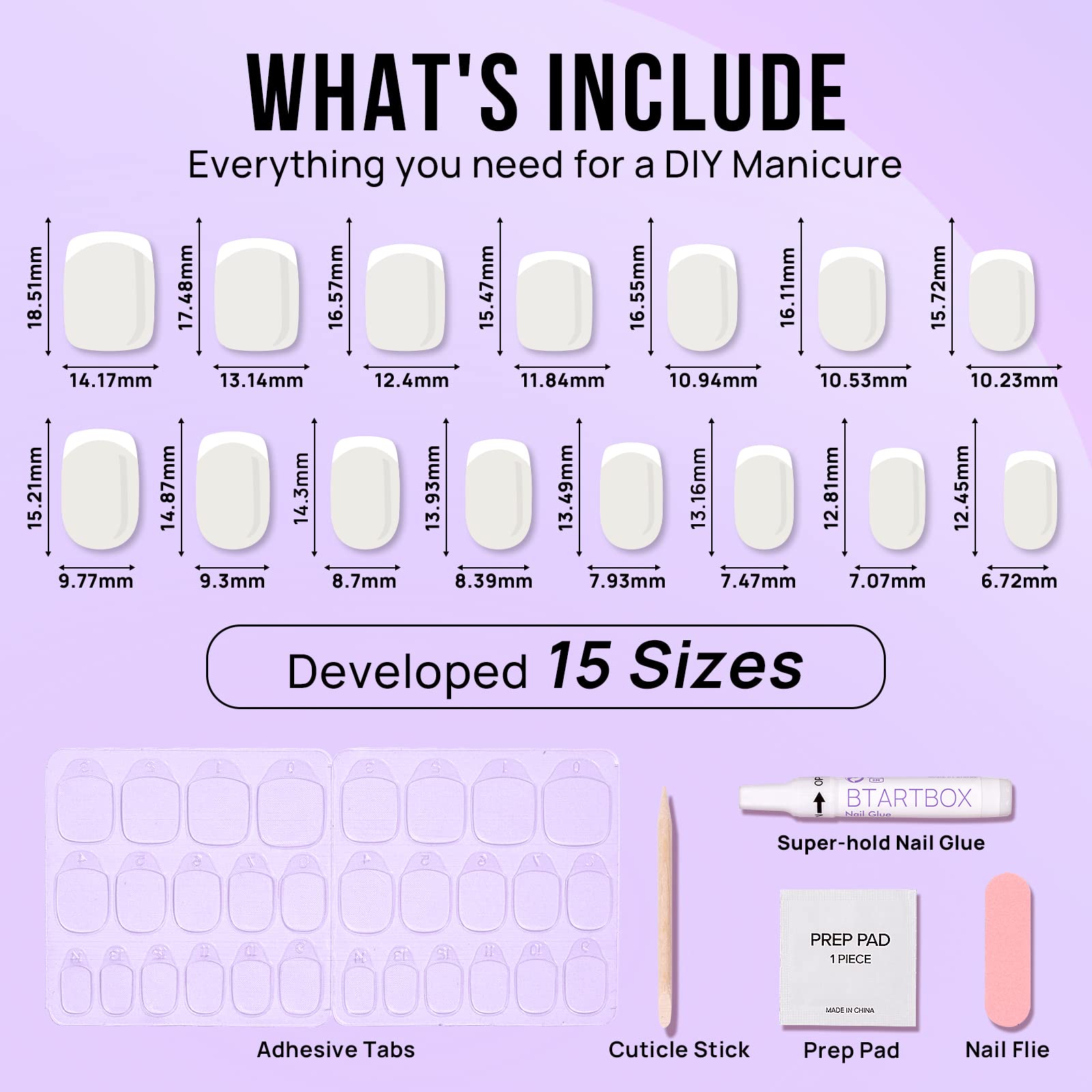 BTArtbox Press On Nails - White French Tip Press on Nails Square, Glue On Nails for Wedding Gift, Supremely Fit & Natural Stick On Nails in 15 Sizes - 30 Fake Nails Kit, Classic French