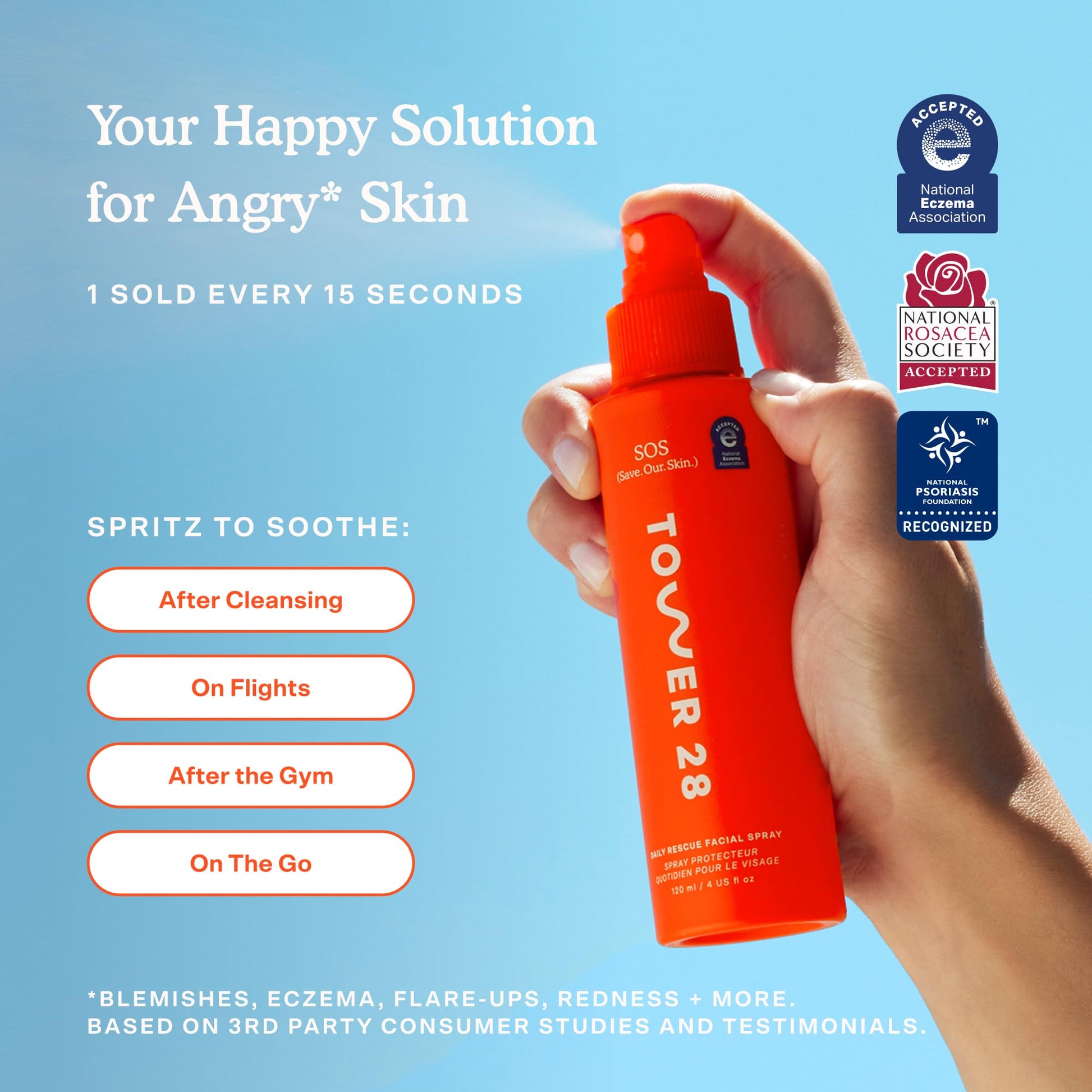 Tower 28 SOS Daily Rescue Facial Spray for Sensitive Skin, Hypochlorous Acid Spray Helps Reduce Redness and Breakouts, Full Size Toner for Face, 4 FL Oz