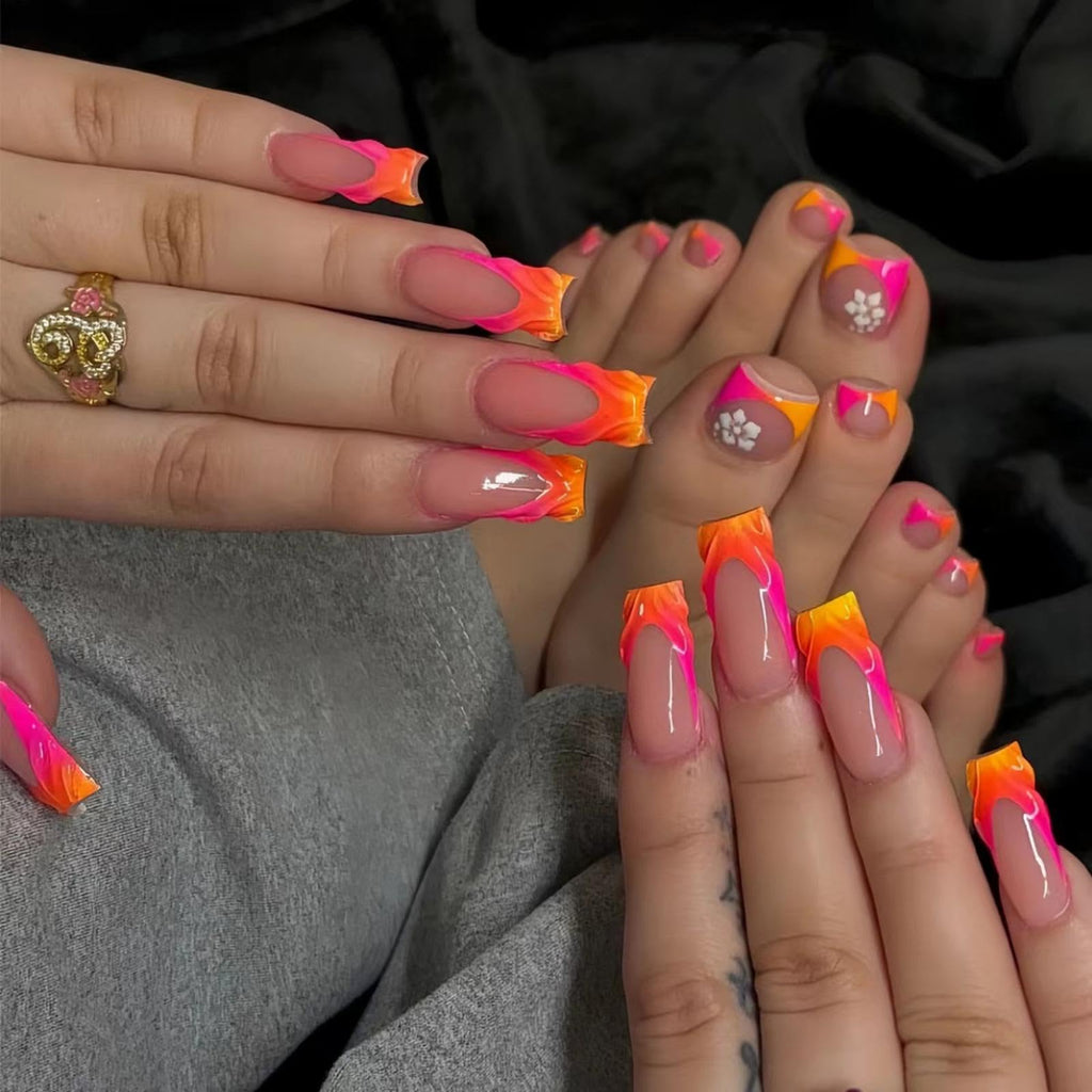 48Pcs Gradient Orange Pink French Tips Press on Toenails Water Ripple Press on Nails Long Square False Nails with Ombre Designs White Flower Fake Toes Glossy Summer Nails for Women Girls DIY Manicure