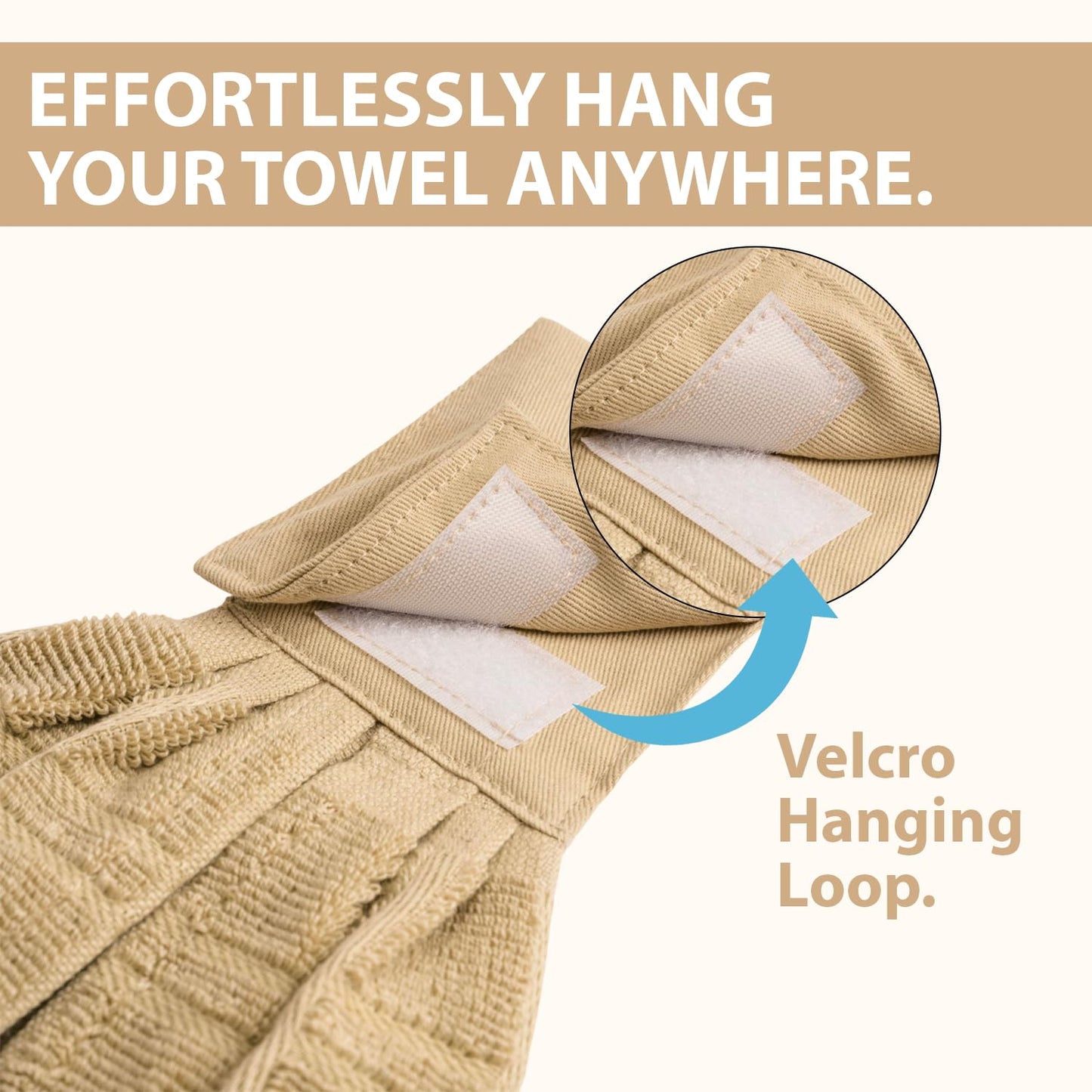 Blue Needles Hanging Kitchen Towels - Beige 100% Cotton Solid Kitchen Tie Towel, Set of 2 Hand Dish Cloth with Hanging Loops 9 x 17 Inches, Absorbent, Super Soft, and Fast Drying Home Essential