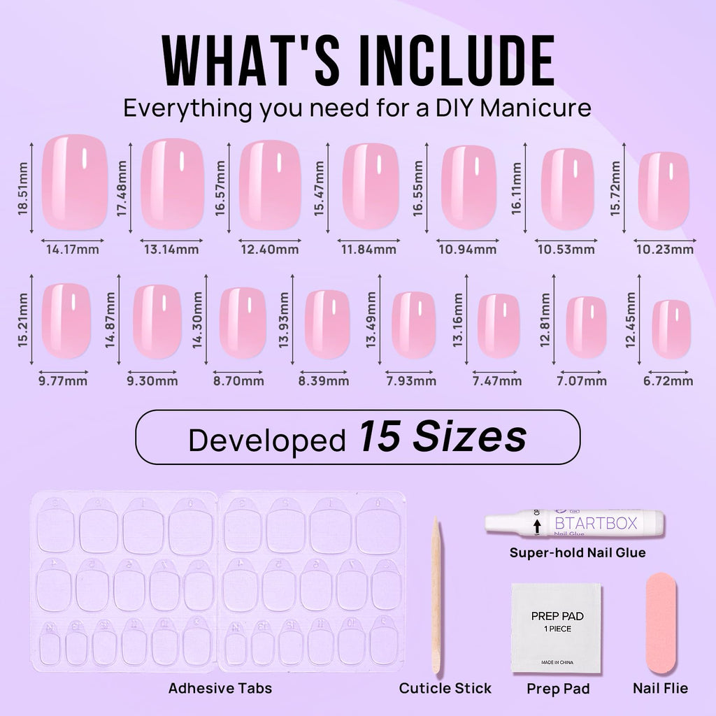 BTArtbox Press On Nails Short - Square Press On Nail, Pink Chrome Nail Tips Glue On Nails with Nail Glue, Reusable Stick On Nails in 15 Sizes - 30 Soft Gel Fake Nails Kit, Lotus Glazed