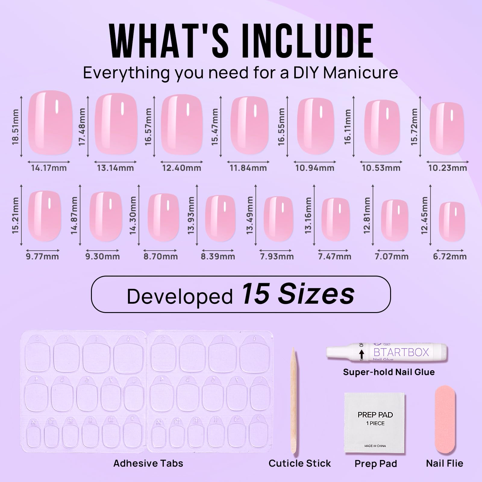 BTArtbox Press On Nails Short - Square Press On Nail, Pink Chrome Nail Tips Glue On Nails with Nail Glue, Reusable Stick On Nails in 15 Sizes - 30 Soft Gel Fake Nails Kit, Lotus Glazed