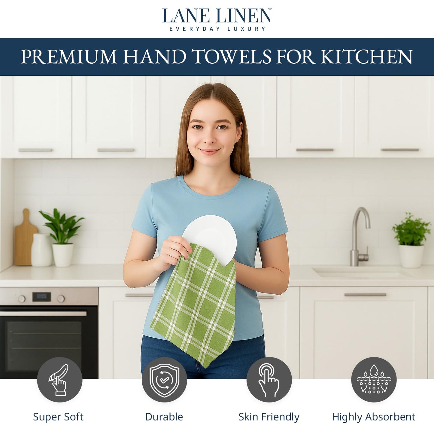 LANE LINEN Cotton Kitchen Towels Set, 4-Pack – Absorbent, Quick-Drying Dish Towels, 18" x 28" - Sage Green
