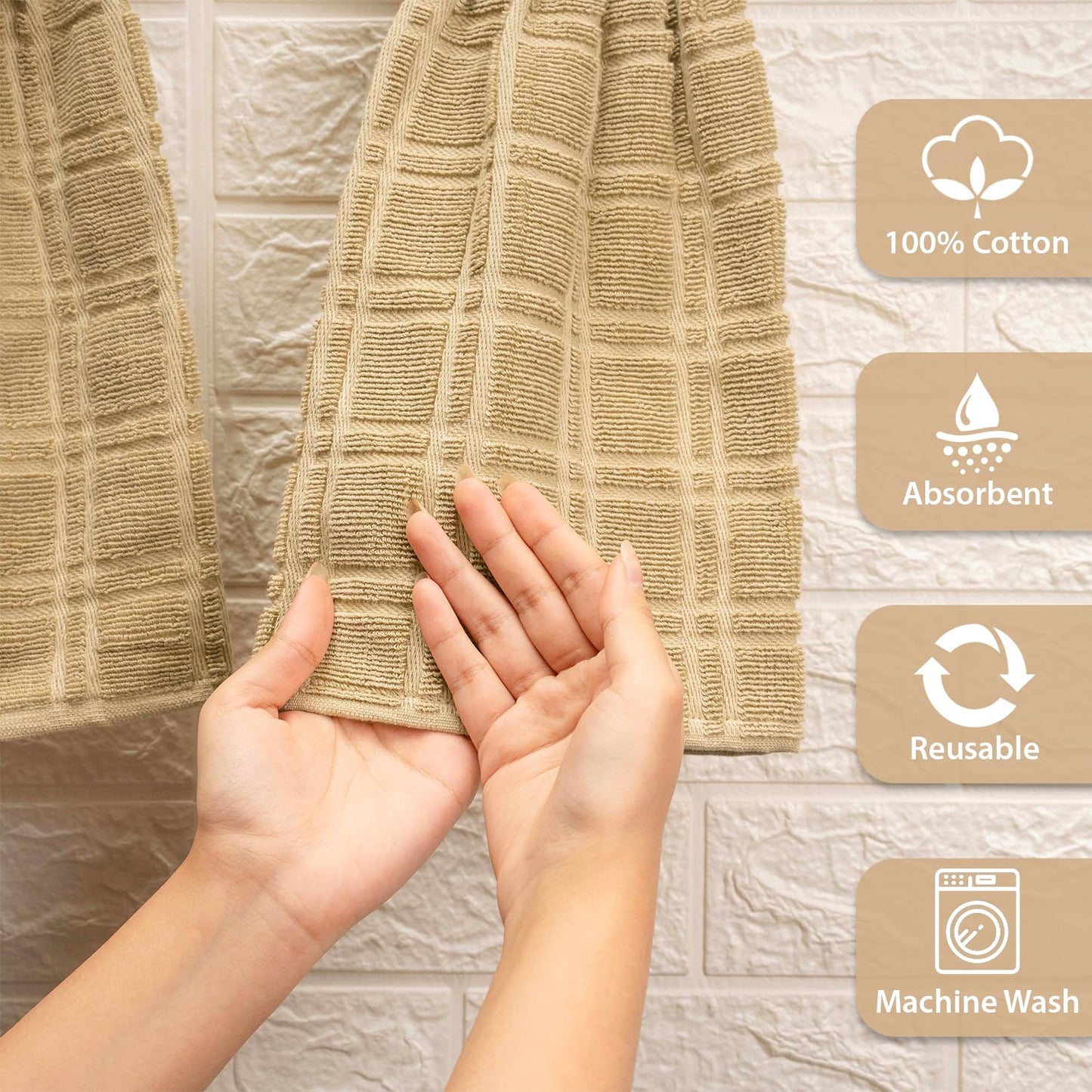 Blue Needles Hanging Kitchen Towels - Beige 100% Cotton Solid Kitchen Tie Towel, Set of 2 Hand Dish Cloth with Hanging Loops 9 x 17 Inches, Absorbent, Super Soft, and Fast Drying Home Essential
