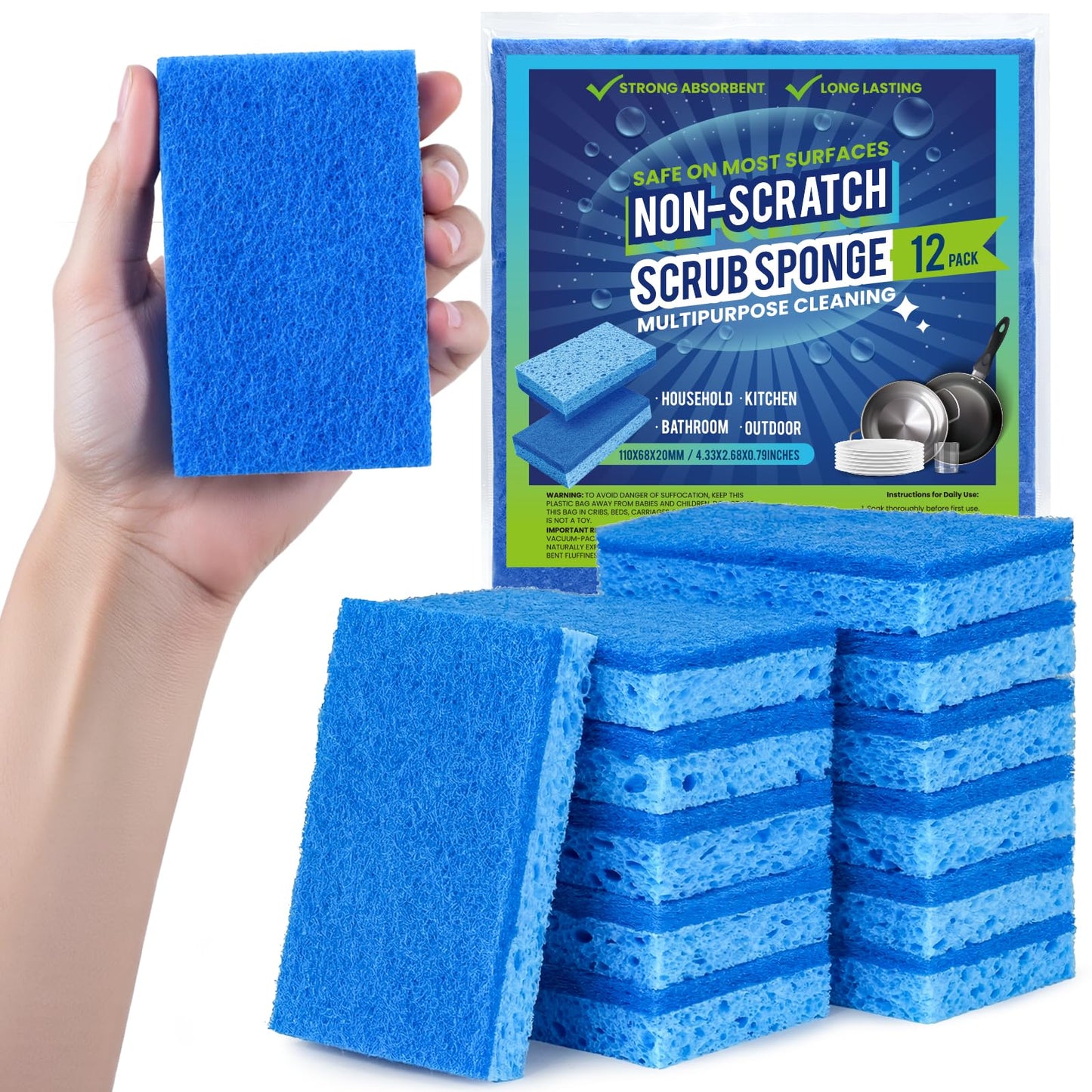 Metflavor Kitchen Sponges, 12 Count, Dual-Sided Non-Scratch Scrub Sponge