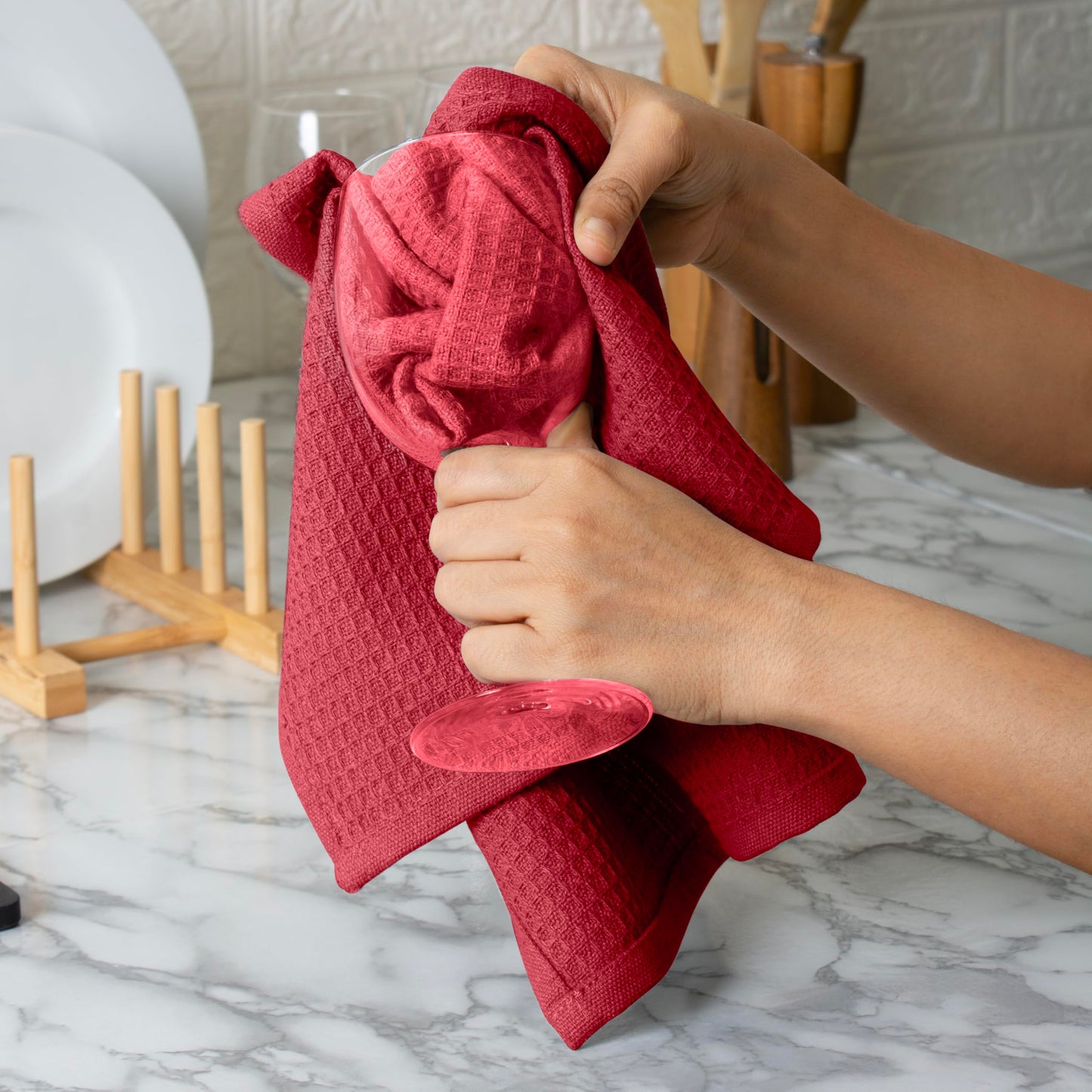 Blue Needles Waffle Weave Kitchen Towels, 15x25 Inches 100% Cotton Set of 4 Dish Towels for Kitchen, Ultra Soft & Absorbent with Hanging Loop, Spring Summer Dish Rags for Quick Drying - Burgundy