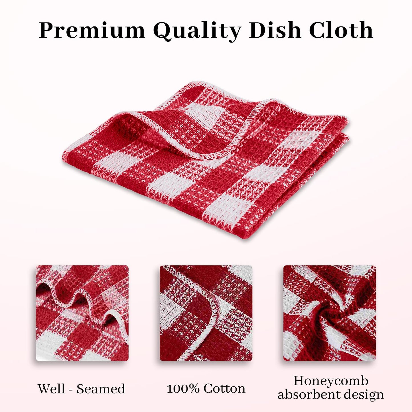 Blue Needles Set of 8 Waffle Weave Check Plaid Dish Cloths, 12x12 Inches 100% Cotton Dish Towels for Kitchen, Ultra Soft & Absorbent Kitchen Towels for Quick Drying Spring Summer - Burgundy & White