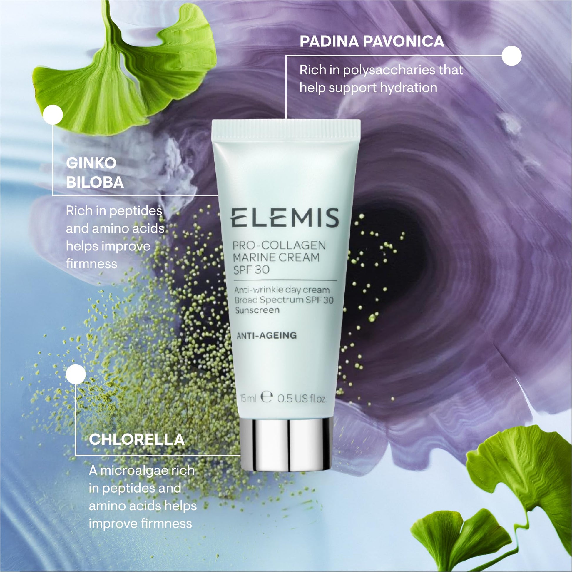 ELEMIS Pro-Collagen Marine Cream SPF 30, Travel-Size Anti-Wrinkle Moisturizer with Broad Spectrum Protection, 15 ml