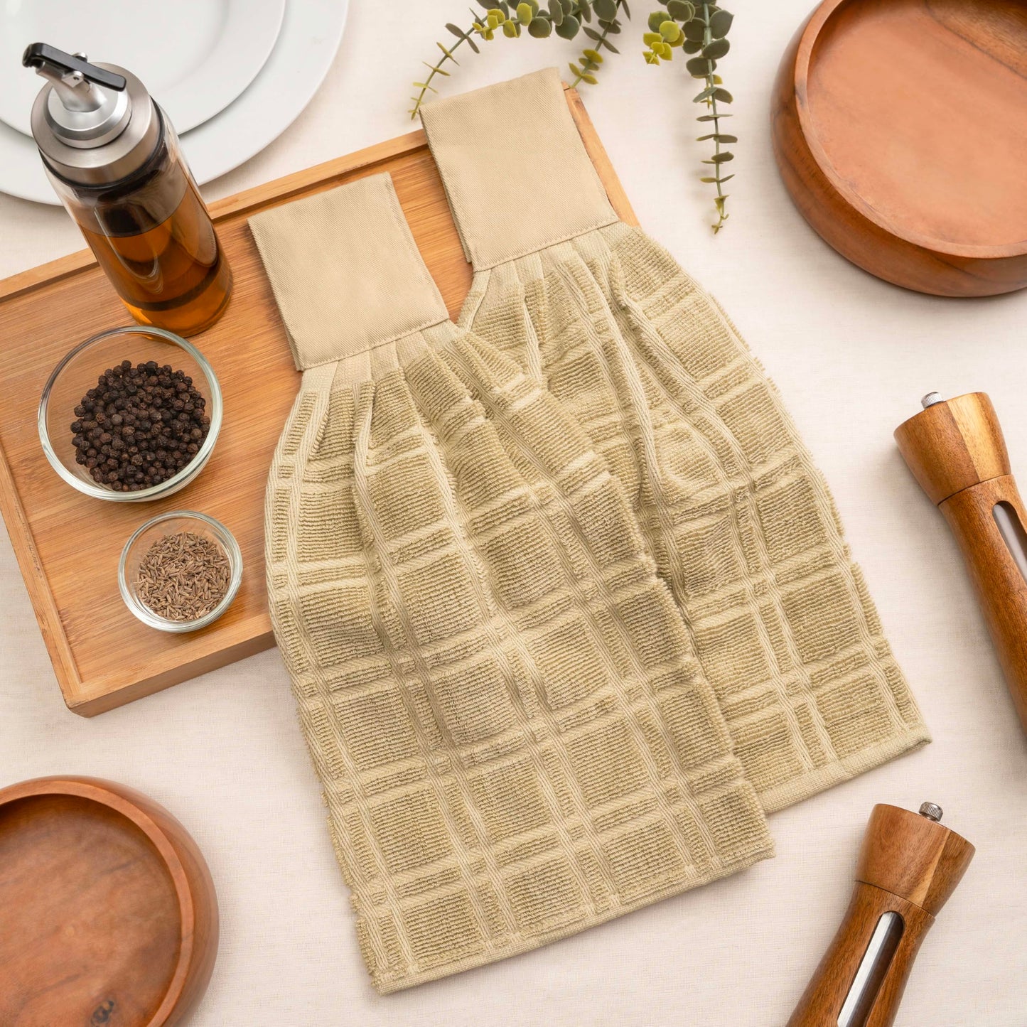 Blue Needles Hanging Kitchen Towels - Beige 100% Cotton Solid Kitchen Tie Towel, Set of 2 Hand Dish Cloth with Hanging Loops 9 x 17 Inches, Absorbent, Super Soft, and Fast Drying Home Essential