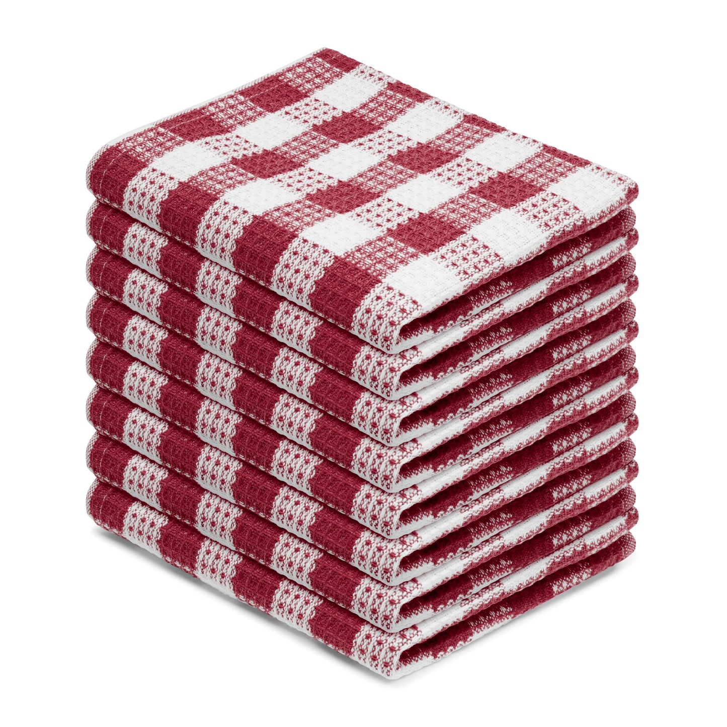 Blue Needles Set of 8 Waffle Weave Check Plaid Dish Cloths, 12x12 Inches 100% Cotton Dish Towels for Kitchen, Ultra Soft & Absorbent Kitchen Towels for Quick Drying Spring Summer - Burgundy & White