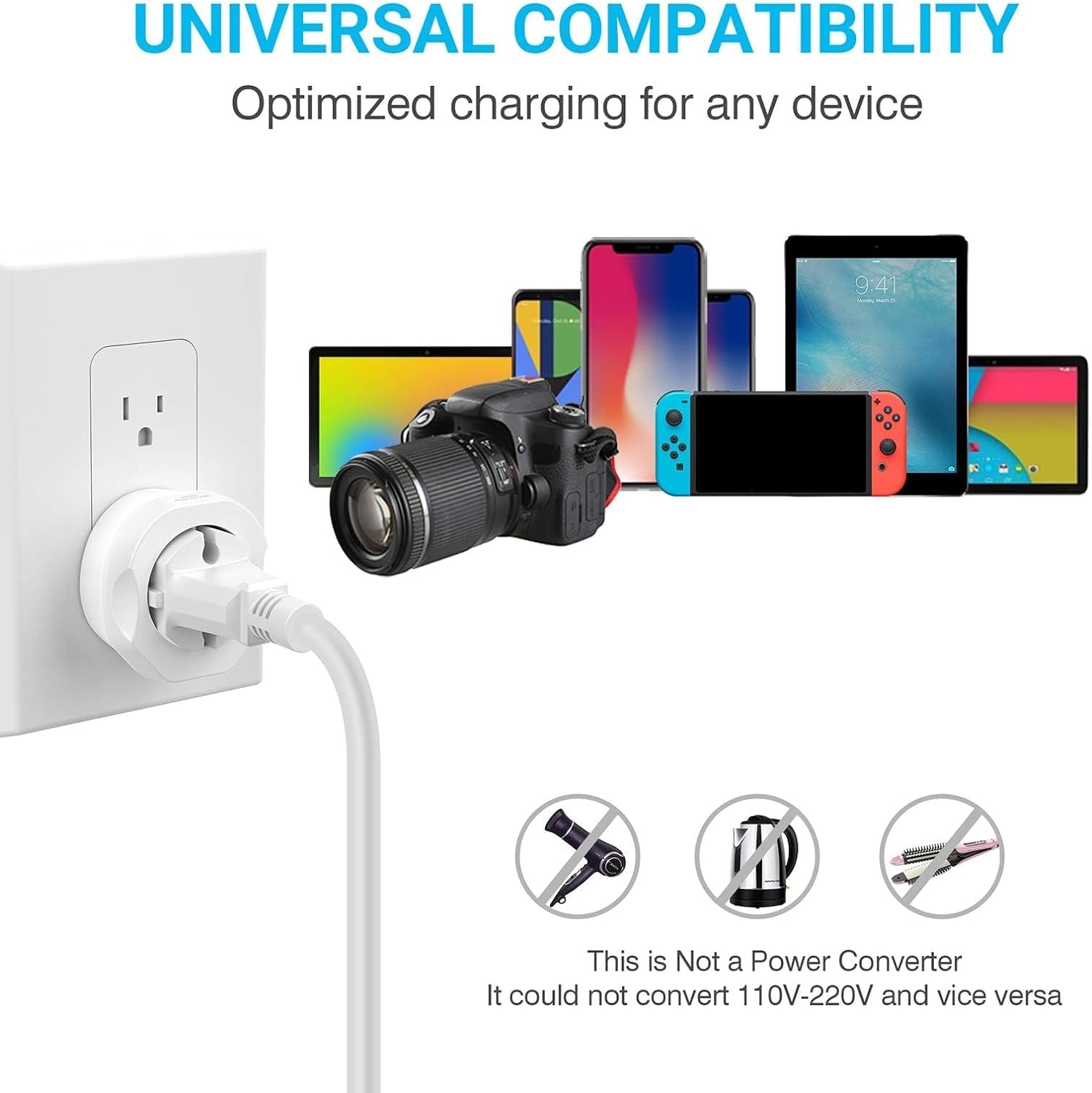 1 Pack European to US Plug Adapter, EU to US Adapter, Europe to USA Travel Converter for Most of EU Spain France Type C E F Plugs to America - SkinNails&Makeup