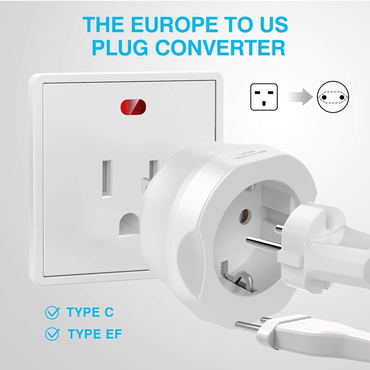 1 Pack European to US Plug Adapter, EU to US Adapter, Europe to USA Travel Converter for Most of EU Spain France Type C E F Plugs to America - SkinNails&Makeup
