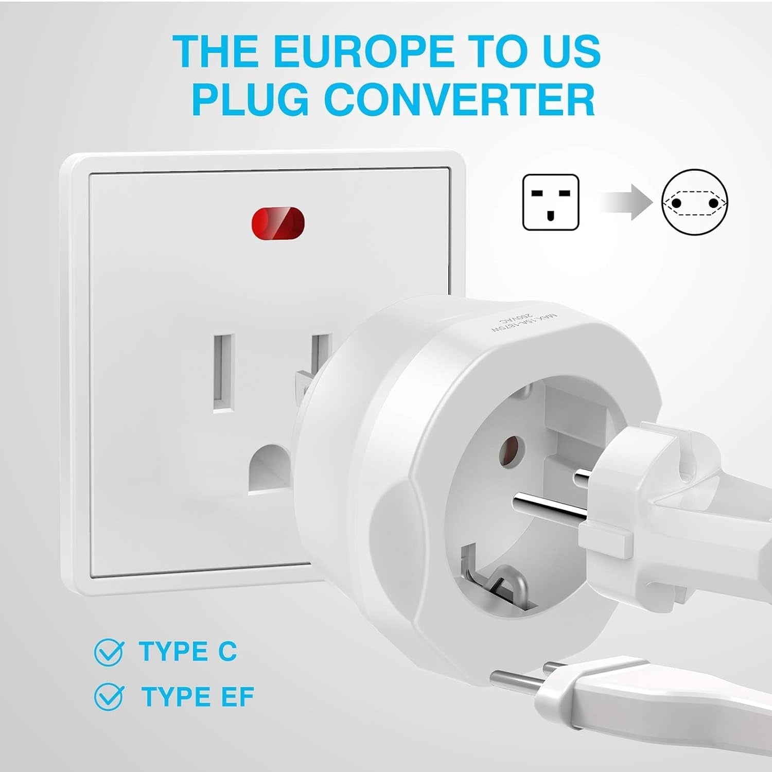 1 Pack European to US Plug Adapter, EU to US Adapter, Europe to USA Travel Converter for Most of EU Spain France Type C E F Plugs to America - SkinNails&Makeup