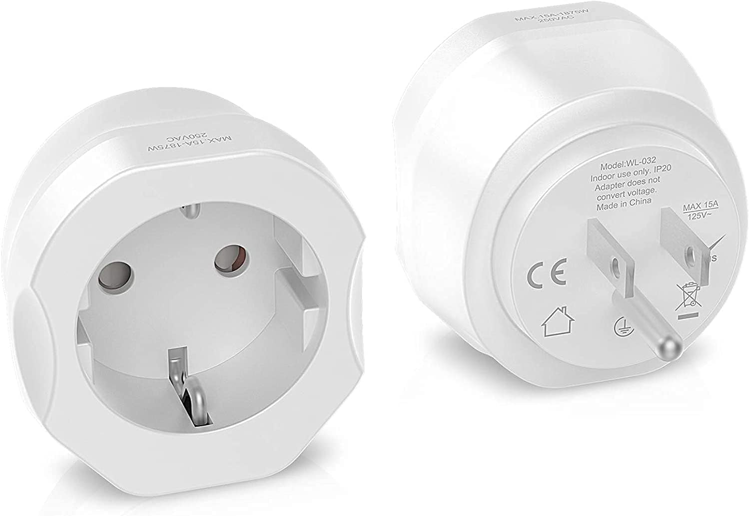 1 Pack European to US Plug Adapter, EU to US Adapter, Europe to USA Travel Converter for Most of EU Spain France Type C E F Plugs to America - SkinNails&Makeup