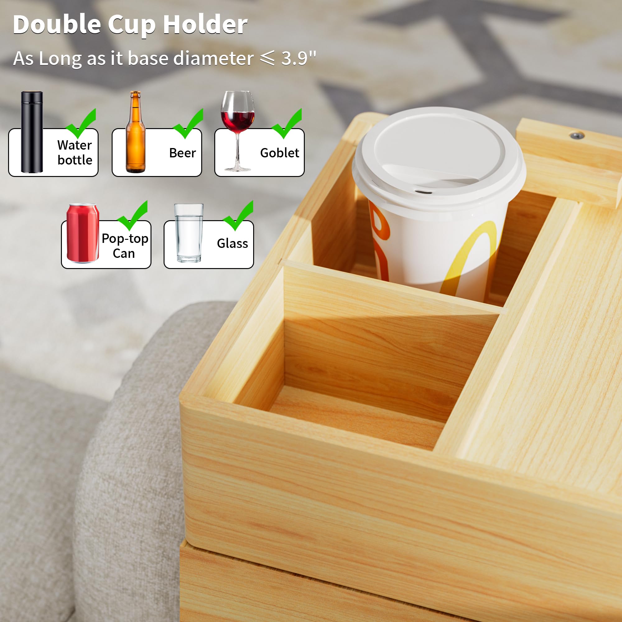 7 - in - 1 Couch Cup Holder Tray, Solid Wood Couch Armrest Tray Table with Push - Pull Drawer, 360°Swivel Phone Holder and 2 Stainless Bowls, Sofa Arm Clip - On Side Table for Drinks, Cups, Snacks, Remote - My Store