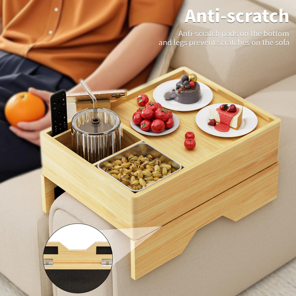 7 - in - 1 Couch Cup Holder Tray, Solid Wood Couch Armrest Tray Table with Push - Pull Drawer, 360°Swivel Phone Holder and 2 Stainless Bowls, Sofa Arm Clip - On Side Table for Drinks, Cups, Snacks, Remote - My Store