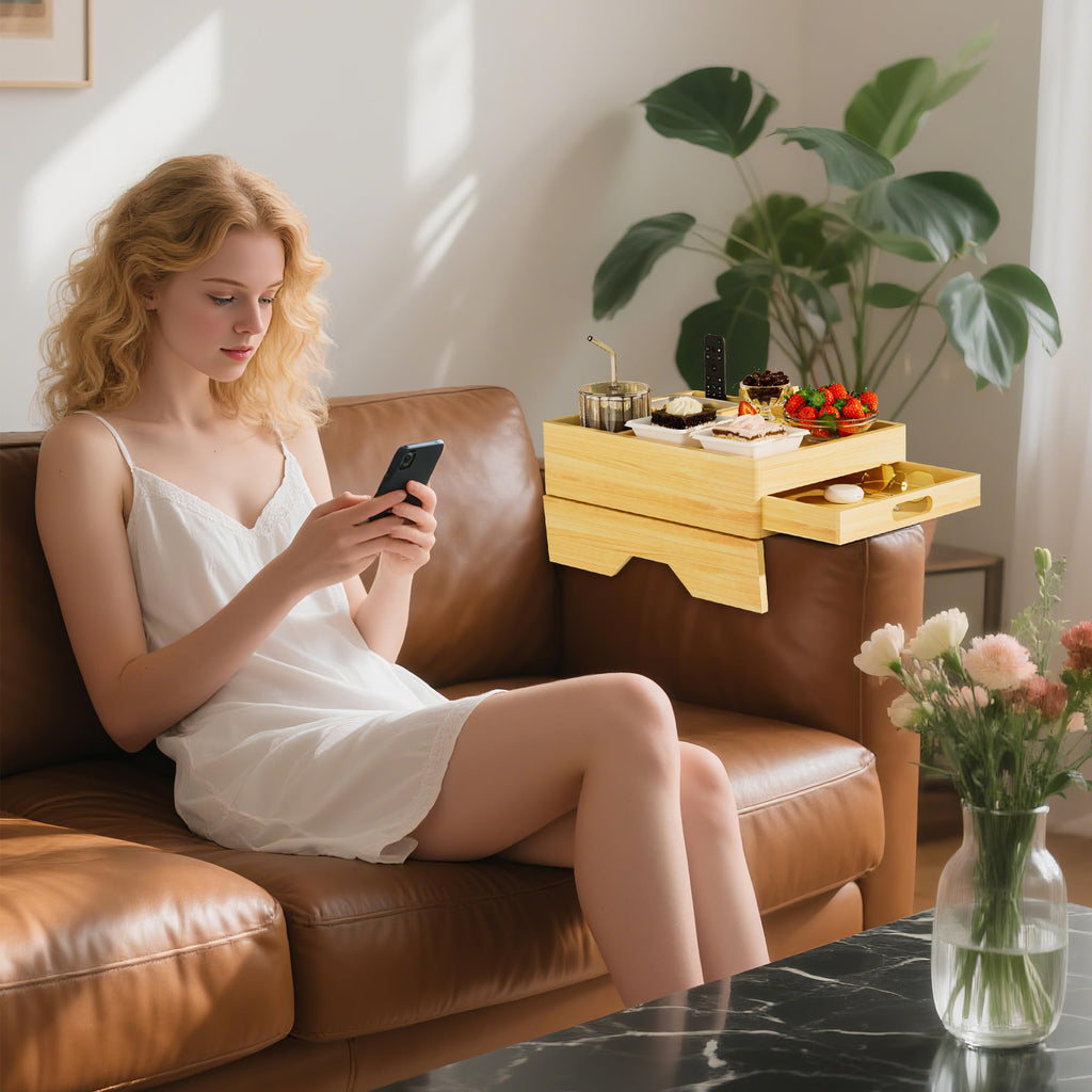 7 - in - 1 Couch Cup Holder Tray, Solid Wood Couch Armrest Tray Table with Push - Pull Drawer, 360°Swivel Phone Holder and 2 Stainless Bowls, Sofa Arm Clip - On Side Table for Drinks, Cups, Snacks, Remote - My Store