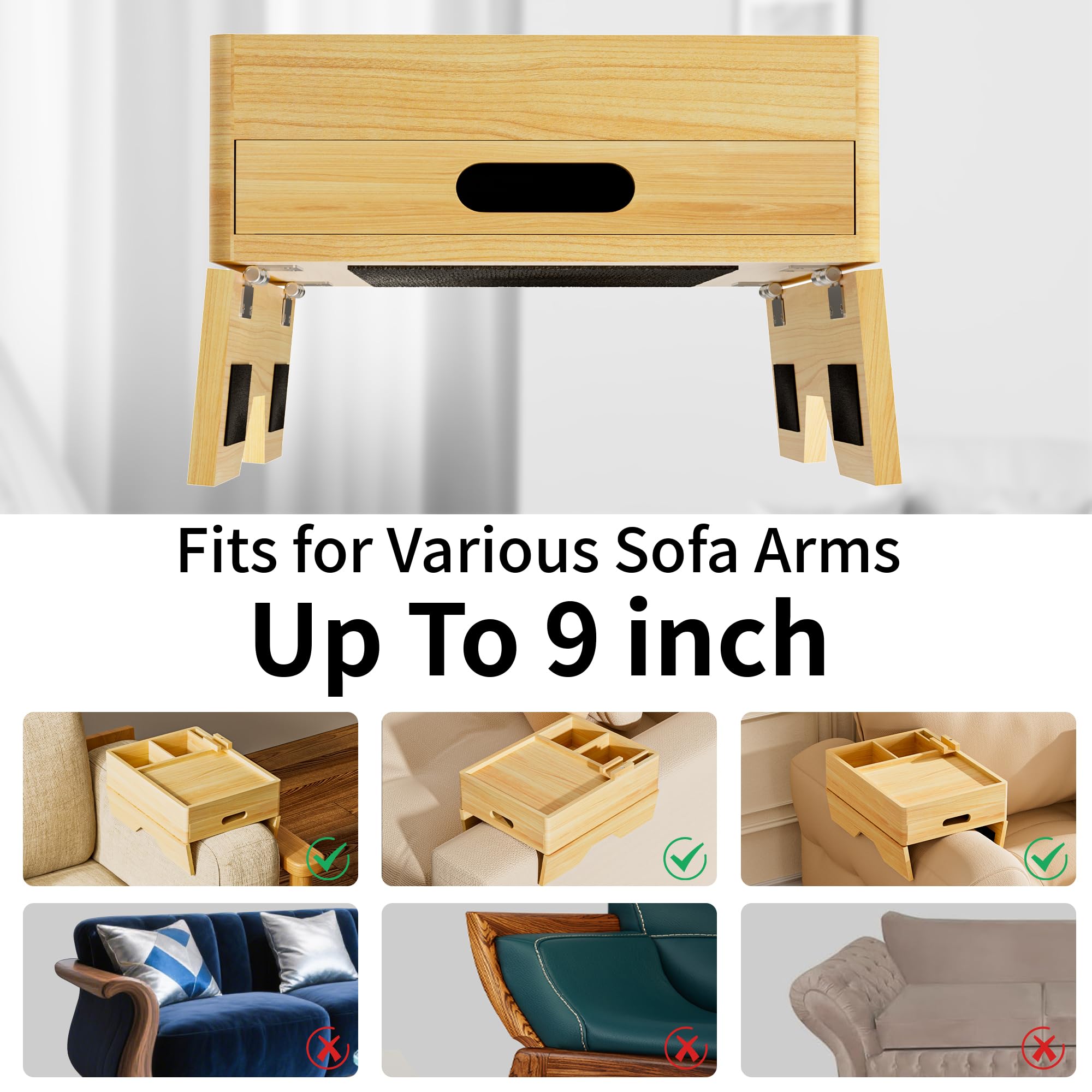 7 - in - 1 Couch Cup Holder Tray, Solid Wood Couch Armrest Tray Table with Push - Pull Drawer, 360°Swivel Phone Holder and 2 Stainless Bowls, Sofa Arm Clip - On Side Table for Drinks, Cups, Snacks, Remote - My Store