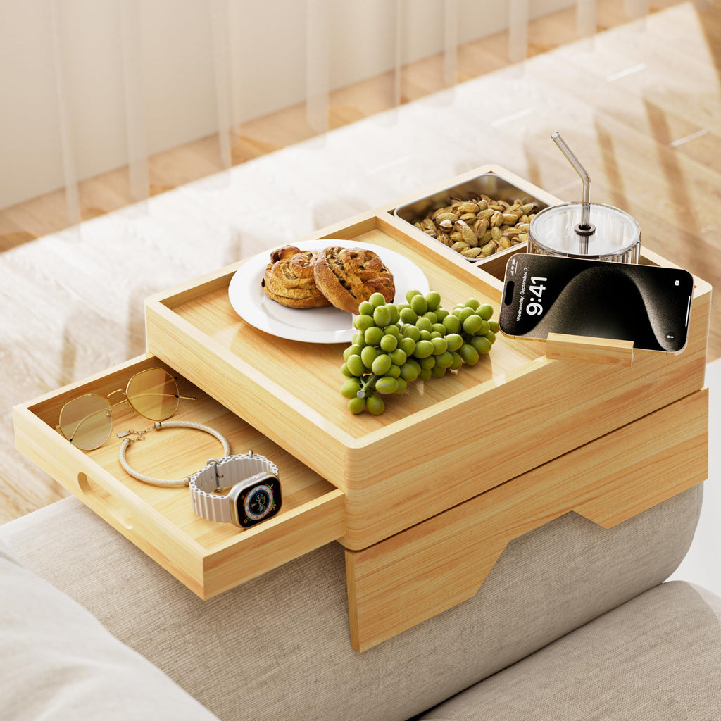 7 - in - 1 Couch Cup Holder Tray, Solid Wood Couch Armrest Tray Table with Push - Pull Drawer, 360°Swivel Phone Holder and 2 Stainless Bowls, Sofa Arm Clip - On Side Table for Drinks, Cups, Snacks, Remote - My Store