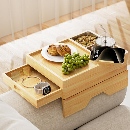 7 - in - 1 Couch Cup Holder Tray, Solid Wood Couch Armrest Tray Table with Push - Pull Drawer, 360°Swivel Phone Holder and 2 Stainless Bowls, Sofa Arm Clip - On Side Table for Drinks, Cups, Snacks, Remote - My Store