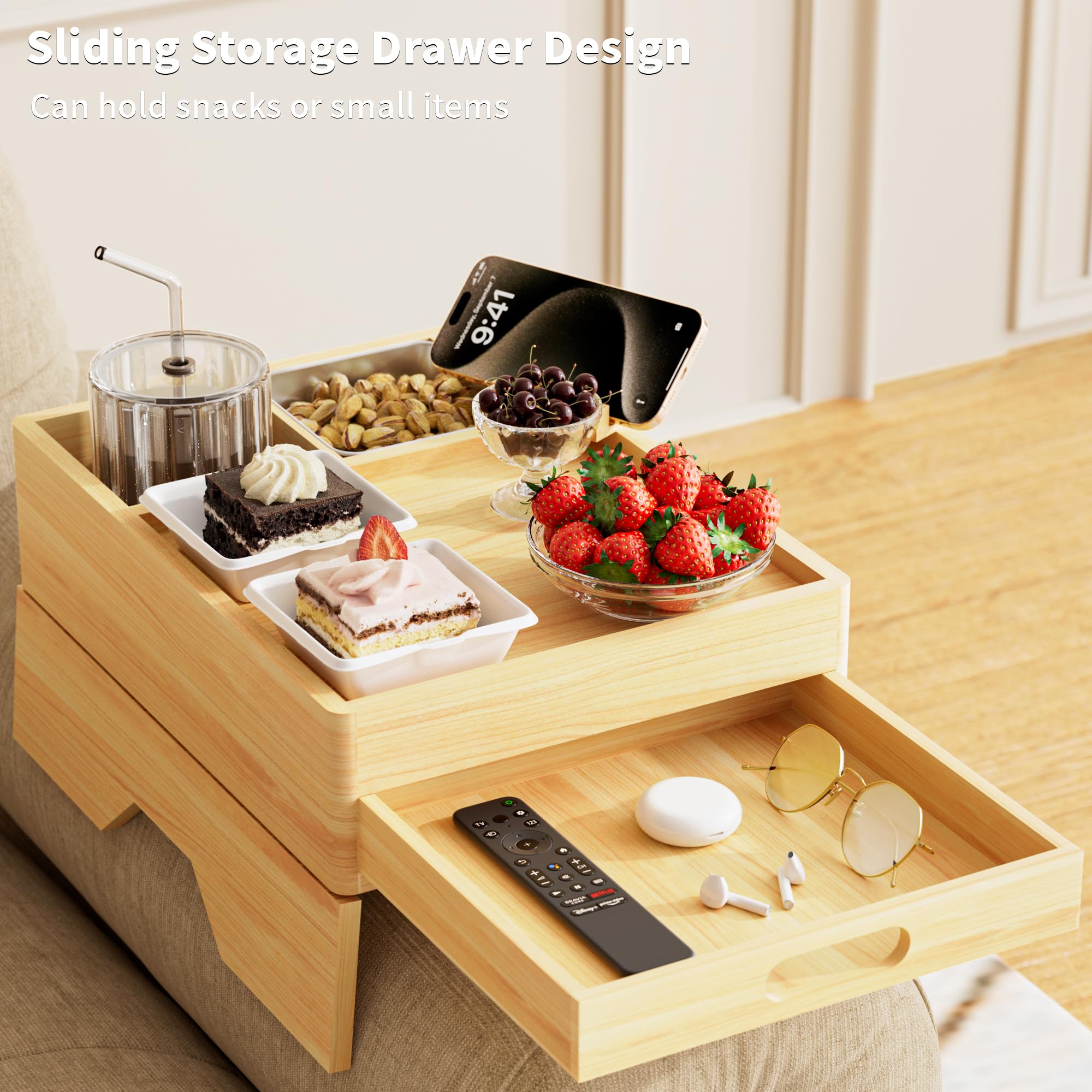 7 - in - 1 Couch Cup Holder Tray, Solid Wood Couch Armrest Tray Table with Push - Pull Drawer, 360°Swivel Phone Holder and 2 Stainless Bowls, Sofa Arm Clip - On Side Table for Drinks, Cups, Snacks, Remote - My Store