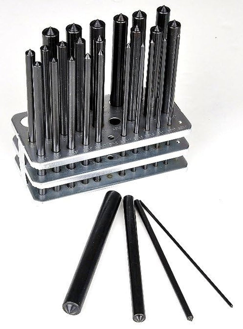 8600 - 0041 28 - Piece Transfer Punch Set – 3/32" to 1/2" by 64Ths + 17/32", Precision Undersize .0025", Hardened Tool Steel, 4 - 7/8" Long, Black Oxide, Indexed Stand for Accurate Hole Transfer - SkinNails&Makeup
