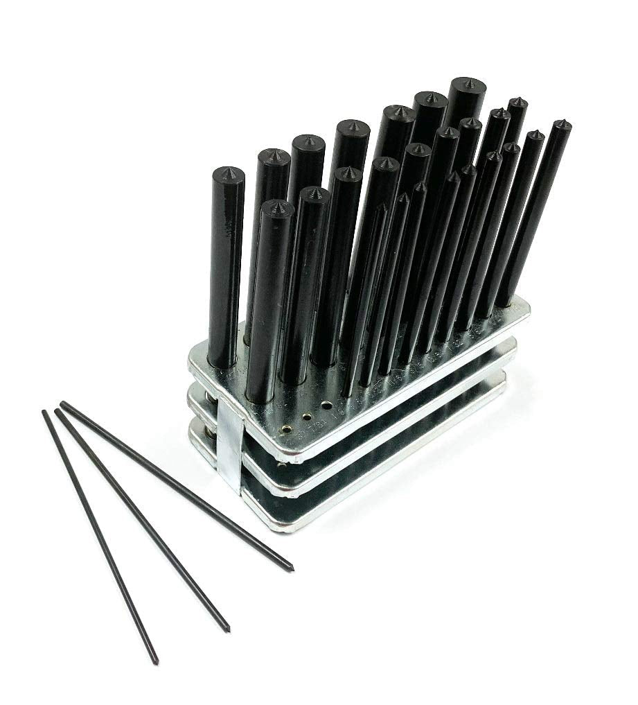 8600 - 0041 28 - Piece Transfer Punch Set – 3/32" to 1/2" by 64Ths + 17/32", Precision Undersize .0025", Hardened Tool Steel, 4 - 7/8" Long, Black Oxide, Indexed Stand for Accurate Hole Transfer - SkinNails&Makeup