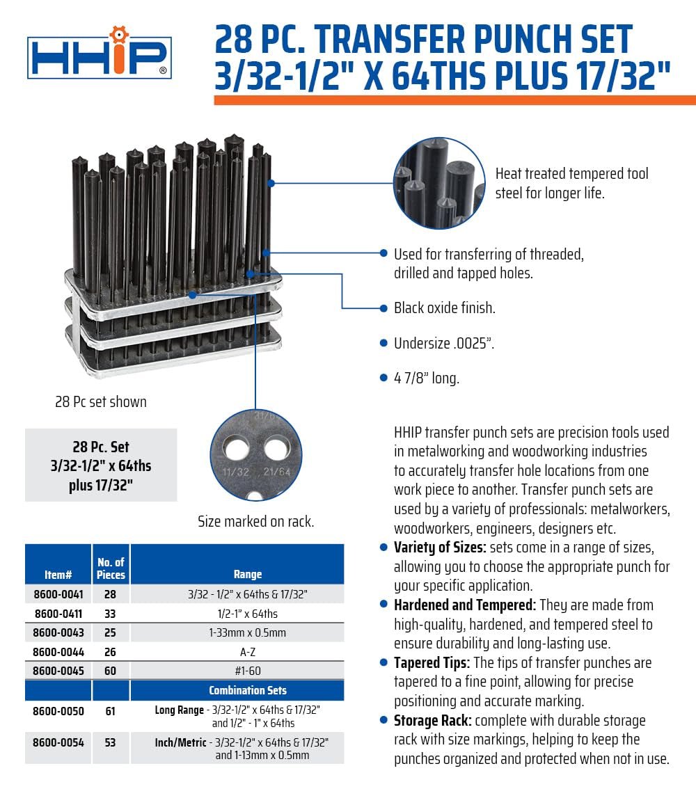 8600 - 0041 28 - Piece Transfer Punch Set – 3/32" to 1/2" by 64Ths + 17/32", Precision Undersize .0025", Hardened Tool Steel, 4 - 7/8" Long, Black Oxide, Indexed Stand for Accurate Hole Transfer - SkinNails&Makeup